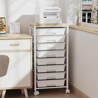 Rolling Cart with 8 Drawers, Storage Drawers Cart with Wooden Tabletop and - Image 6