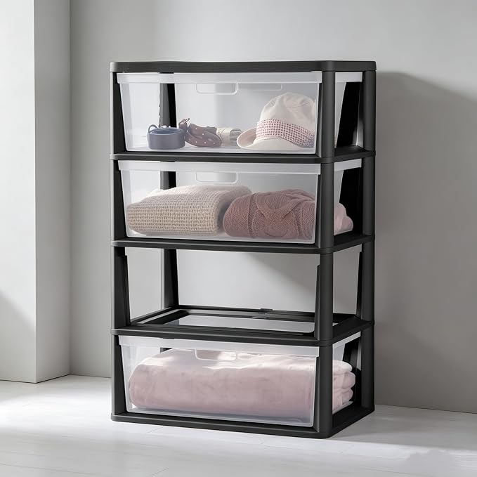 Wide 4-Drawer Plastic Storage Tower, Removable Clear Bins, Tool-Free Assembly - Image 4