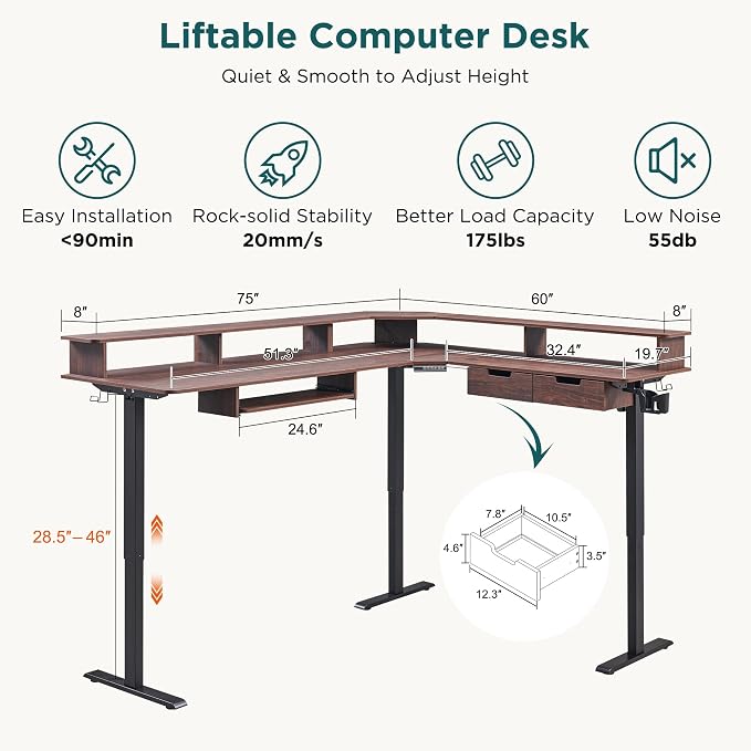 RedLemon 75X60 Inches L Shaped Electric Standing Desk, Height Adjustable Corner - Image 2