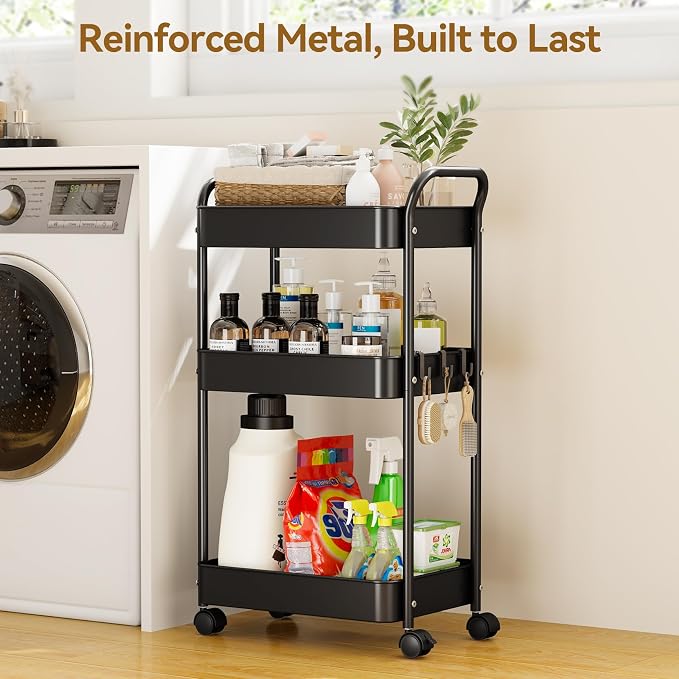YASONIC 3-Tier Metal Rolling Cart, Sturdy Storage Utility Carts - Image 2