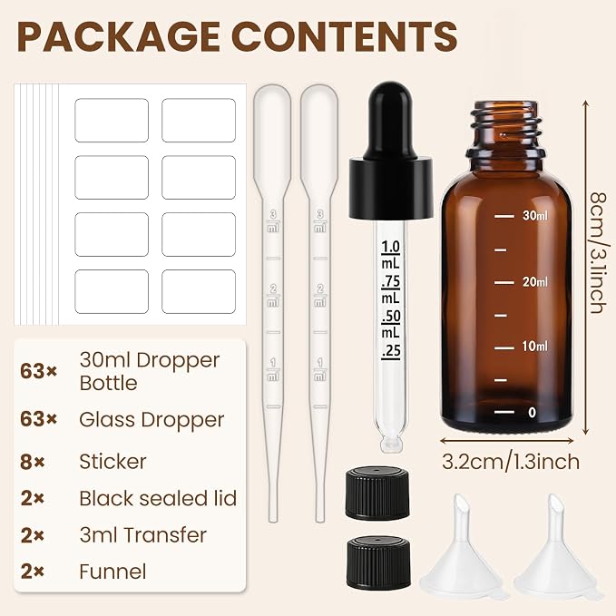 63 Pcs 1oz Amber Glass Dropper Bottles - Image 2