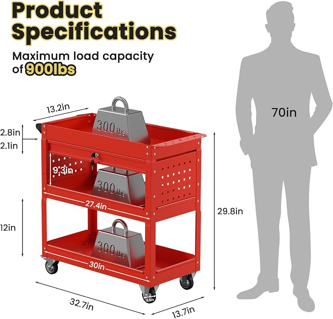 3 Tier Heavy Duty Tool Cart, Mechanic Metal Rolling Tool Cart 900 Lbs Work Carts - Image 7