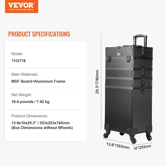 VEVOR Makeup Train Case Professional Makeup Storage Organizer Box Make Up - Image 7