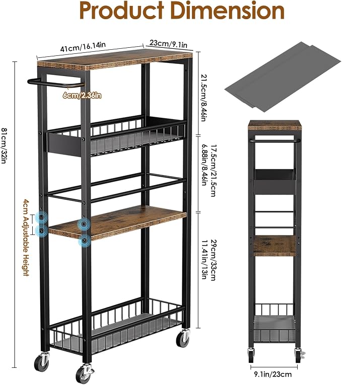 Slim Rolling Storage Cart, 4 Tier Narrow Storage Cart, 9.1in | Metal Kitchen - Image 7