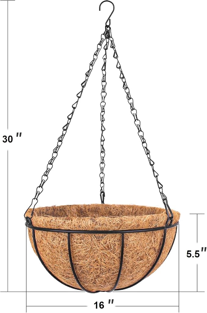 Wizdar 2PCS 16 Inch Metal Hanging Planters Basket Round Wire | Coco Coir Liner - Image 2
