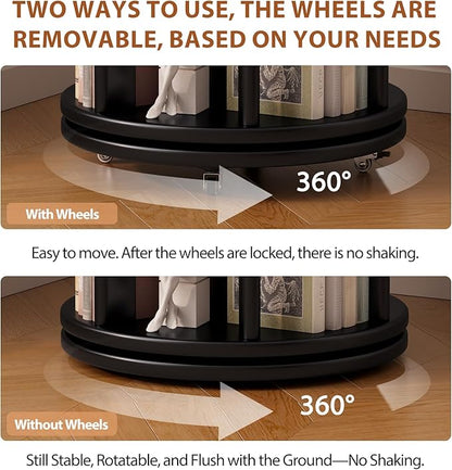Solid Wood Rotating Bookshelf on Wheels, 4 Tier, Round Revolving Bookcase - Image 5