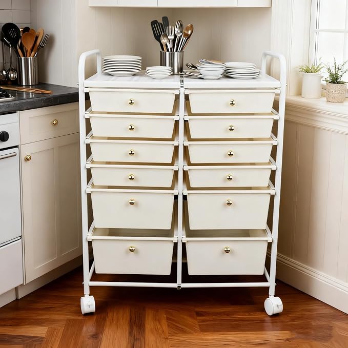 White 12 Drawers Rolling Storage Cart by Unknown
