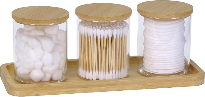 Qtip Holder with Vanity Tray, 3 Pack Glass Apothecary Jars with Lids, Bathroom by INIUNIK