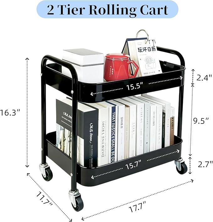 2 Tier Short Rolling Cart with Wheels - Image 6
