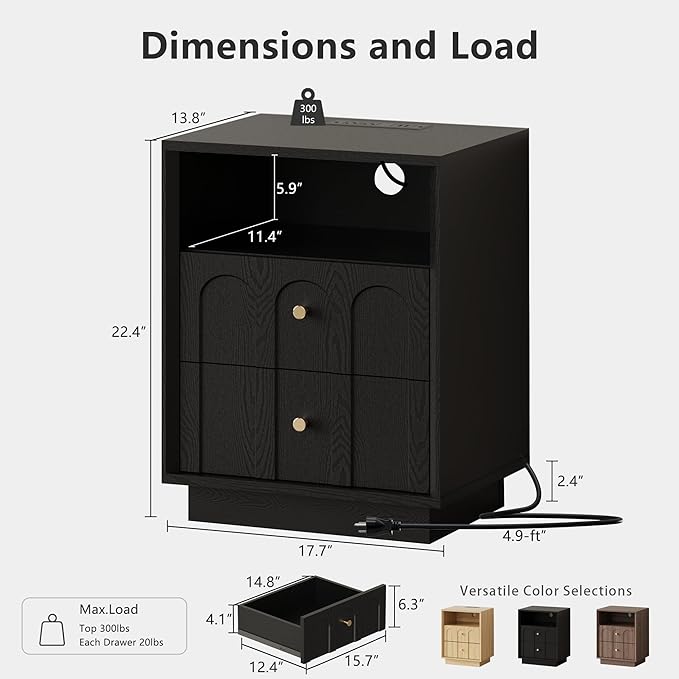 Nightstand Set of 2 with Charging Station, Mid Century Modern Nightstand with - Image 2
