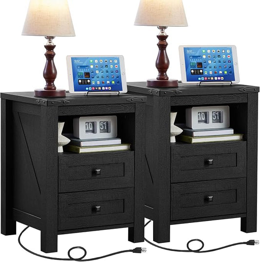 Night Stands with Charging Station Set of 2, Farmhouse Nightstand, Wooden by Joaxswe