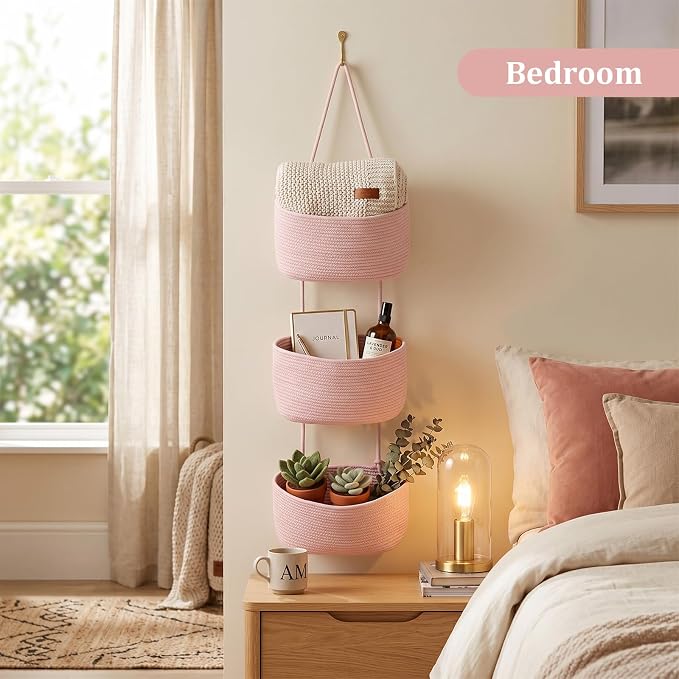 TeoKJ Over the Door Hanging Basket, 3-Tier Woven Cotton Wall-Mounted Storage - Image 6