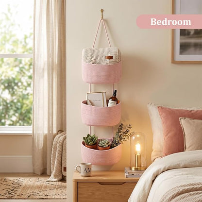 TeoKJ Over the Door Hanging Basket, 3-Tier Woven Cotton Wall-Mounted Storage - Image 6