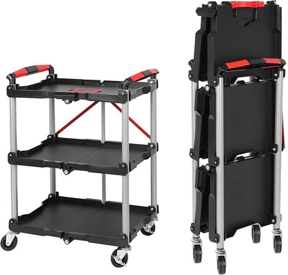 【Foldable Utility Cart with 3 Shelves】 Heavy Duty Plastic Rolling Cart by Unknown