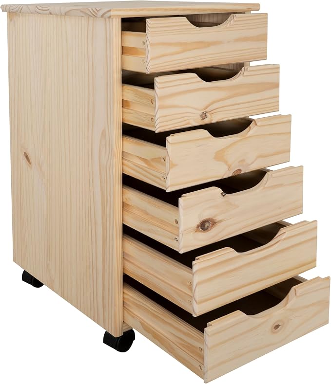 Linon Corinne Unfinished Six Drawer Wooden Rolling Storage Cart - Image 15