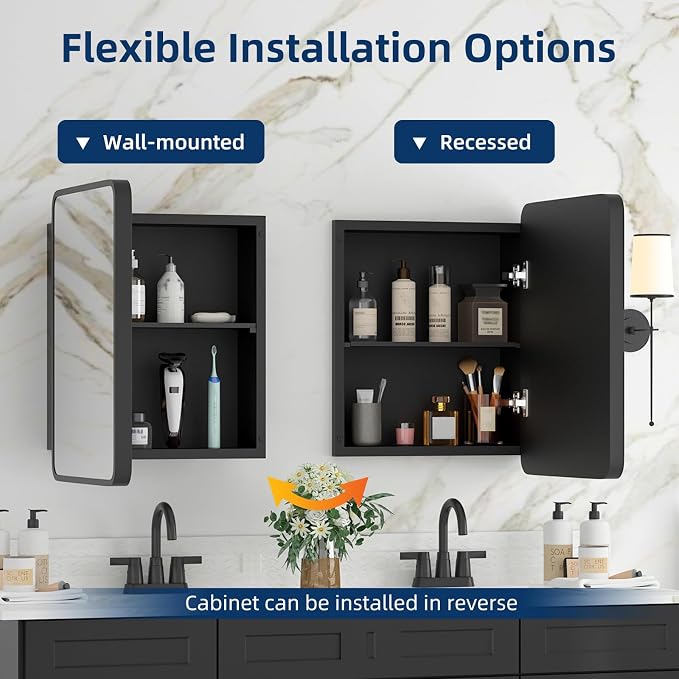Medicine Cabinet with Mirror, 14x18 Inch Black Bathroom Mirrored Cabinet - Image 4