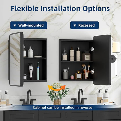 Medicine Cabinet with Mirror, 14x18 Inch Black Bathroom Mirrored Cabinet - Image 4