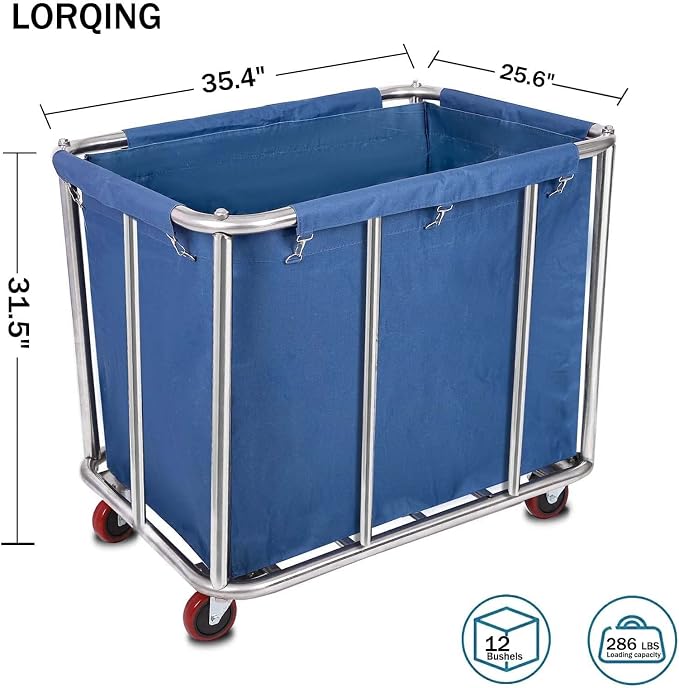 Laundry Cart Commercial/Home, 12 Bushels Heavy Duty Large Stainless Steel - Image 2