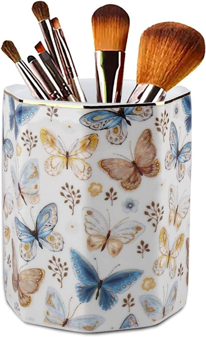 Jwest Pen Holder, Ceramic Shiny Gold Graphic Butterfly Pattern Pencil Cup by Jwest