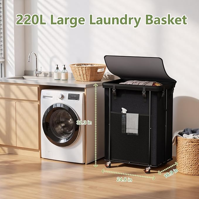 220L Laundry Hamper with Cover, Rolling Laundry Basket with Wheels, Large & - Image 2