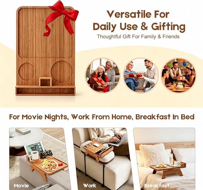 Bamboo Couch Arm Tray, with Cup Holder Phone Stand&Non-Slip | 100% side-pressed - Image 8
