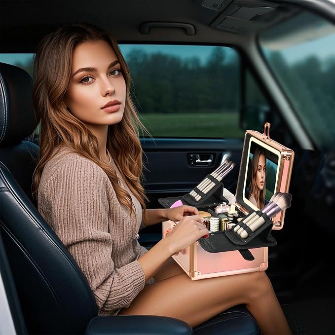 Rose Gold Makeup Case with Lighted Mirror, Detachable LED Mirror, Travel Makeup - Image 8