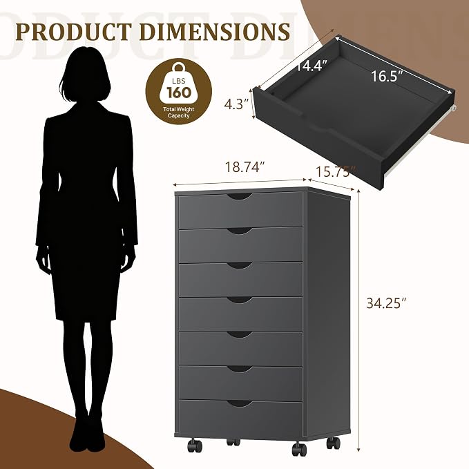 7 Drawer Office Storage Cabinet, Rolling File Cabinet - Image 3
