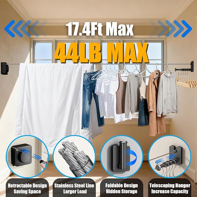 Retractable Clothesline Indoor & Outdoor, 17.4 Ft Non-Sagging Laundry Washing - Image 3