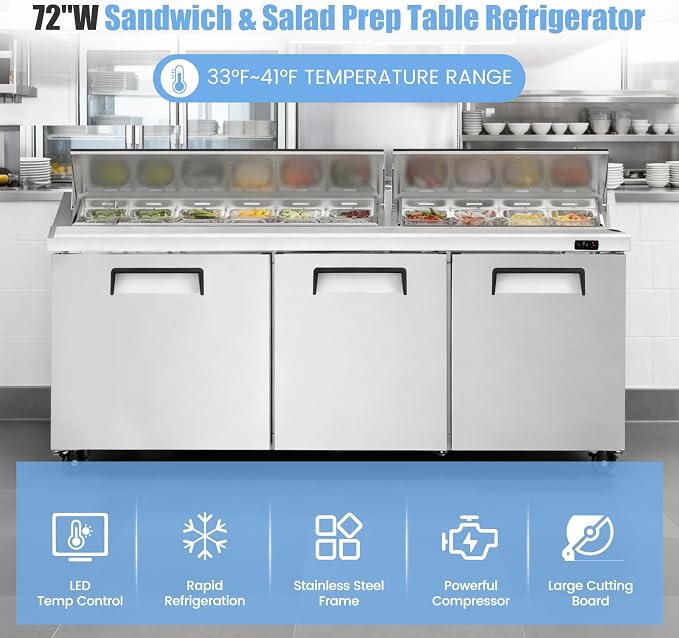 72" W Commercial Refrigerator Sandwich Salad Prep Table, Stainless Steel 3-Door - Image 7