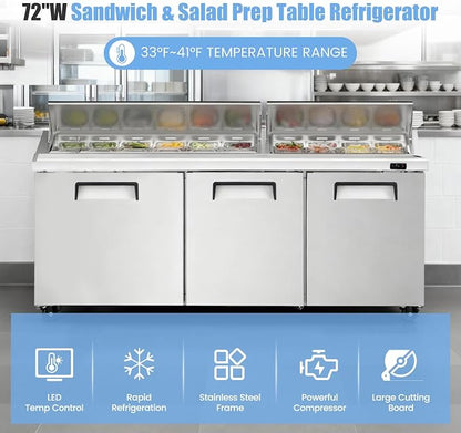 72" W Commercial Refrigerator Sandwich Salad Prep Table, Stainless Steel 3-Door - Image 7