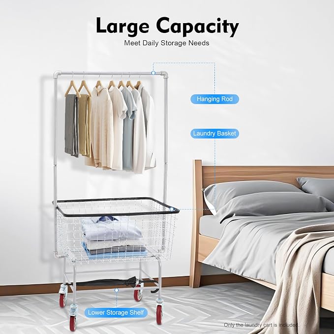 110LBS Commercial Steel Wire Laundry Cart Trolley w/Hanging Rack, 4 Universal - Image 5