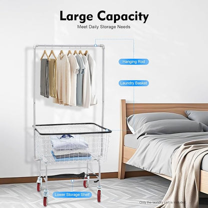 110LBS Commercial Steel Wire Laundry Cart Trolley w/Hanging Rack, 4 Universal - Image 5