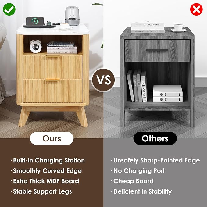 Nightstand with Charging Station, Fluted Nightstand with LED Lights, Modern - Image 5