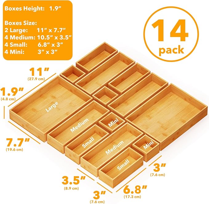 SpaceAid 14-Piece Bamboo Drawer Organizer Storage Boxes Set, Wood Tray Junk - Image 3