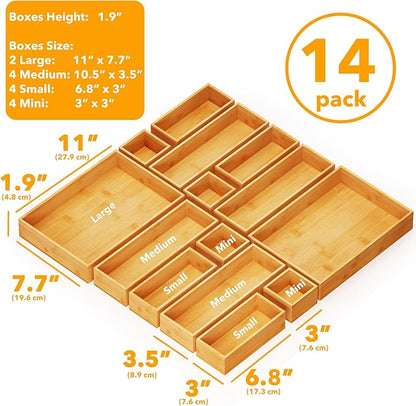 SpaceAid 14-Piece Bamboo Drawer Organizer Storage Boxes Set, Wood Tray Junk - Image 3