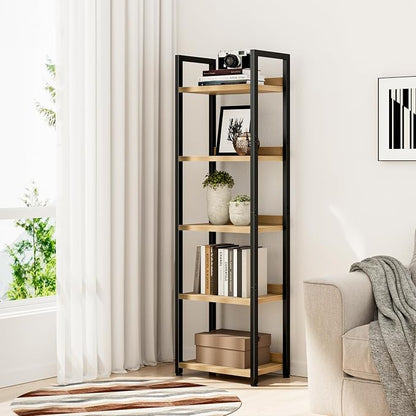 NUMENN Narrow Bookshelf, 5 Tier Freestanding Shelving Unit, Natural | Metal - Image 4