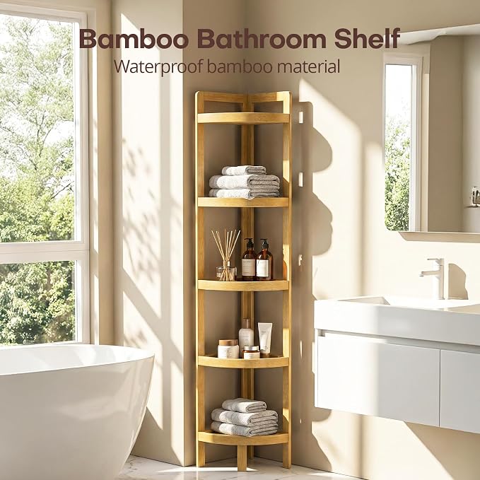 2026 New Bamboo Standing Shelf, 5 Tier Corner Shelf Stand, Free-Standing Shelf - Image 3