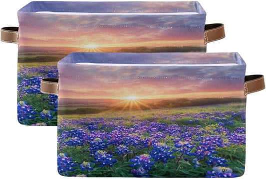 Sunrise over Meadows Of Bluebonnet Storage Bins Box Foldable Shelf Basket by Unknown