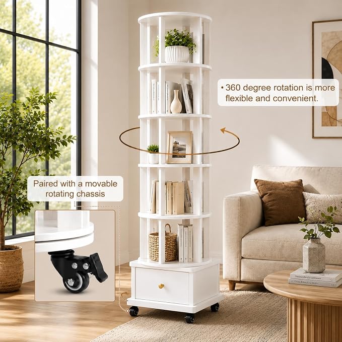 6 Tier Rotating Bookshelf with Drawer, 360° Round Spinning Bookshelf Tower with - Image 4