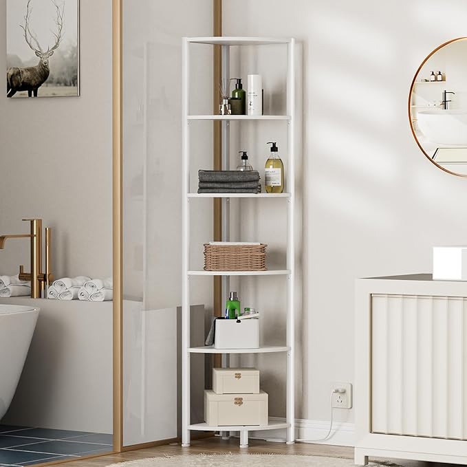 6 Tier Corner Shelf with LED Light, 67.5" White Narrow Bookshelf | Tall - Image 4