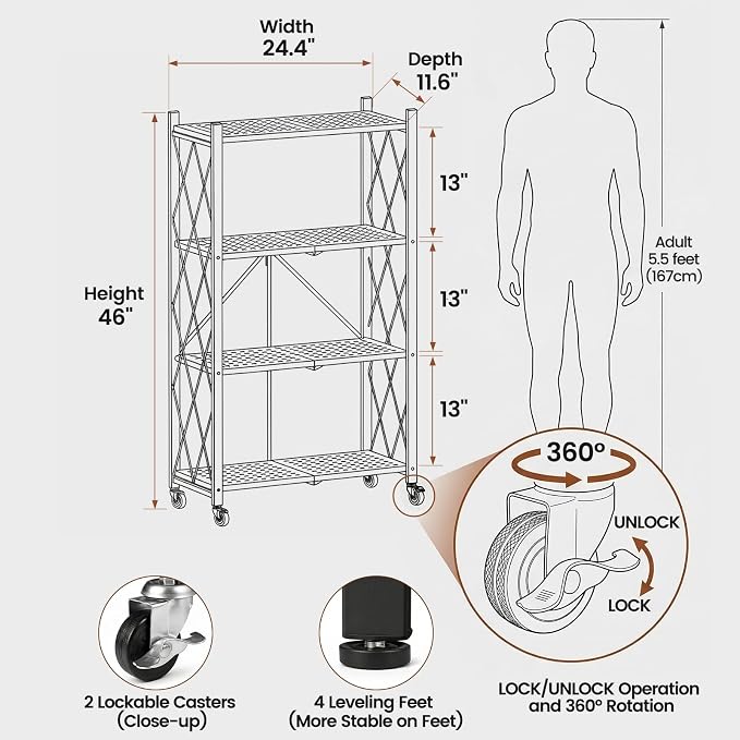 ALANNG 4 Tier Folding Storage Shelf on Wheels, Heavy Duty Metal Rolling Cart | - Image 2