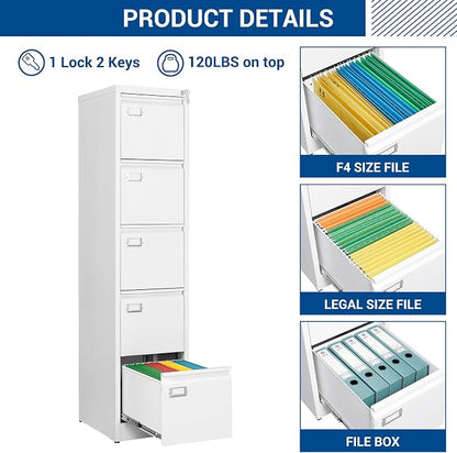 File Cabinets - 5 Drawers Vertical 17.8" Deep Lockable Filing Cabinet - White - Image 9