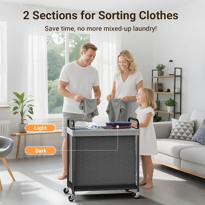ELYKEN Laundry Hamper 2 Section, 100L Rolling Laundry Sorter - Image 6