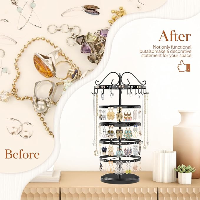 MODOWEY Rotating Jewelry Holder Organizer Stand, 5 Tier Metal Adjustable - Image 4