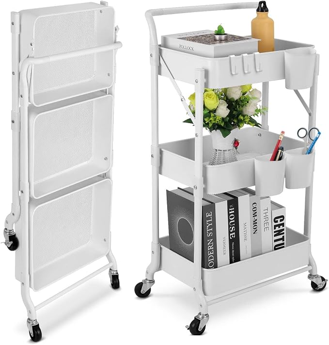 Foldable 3 Tier Metal Utility Rolling Cart, Folding Mobile Multi-Function by Johgee