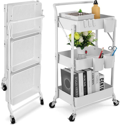 Foldable 3 Tier Metal Utility Rolling Cart, Folding Mobile Multi-Function by Johgee