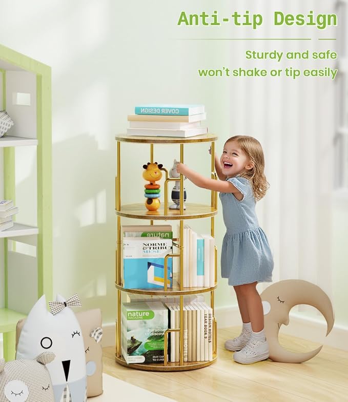 3 Tier Rotating Bookshelf Tower Round Gold, 37” Floor Standing Spinning - Image 6