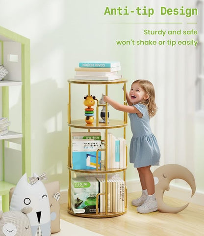 3 Tier Rotating Bookshelf Tower Round Gold, 37” Floor Standing Spinning - Image 6