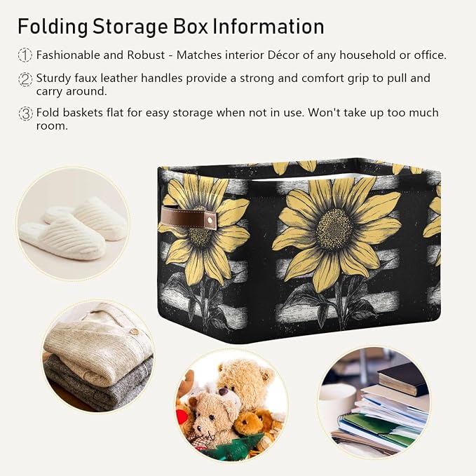 White Black American Flag Sunflower Storage Bins Box Foldable Shelf Basket - Image 5