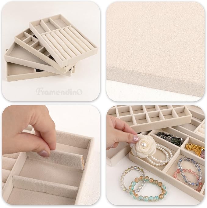 Framendino, 4 Pack Beige Velvet Jewelry Trays Stackable Organizer Drawer - Image 7